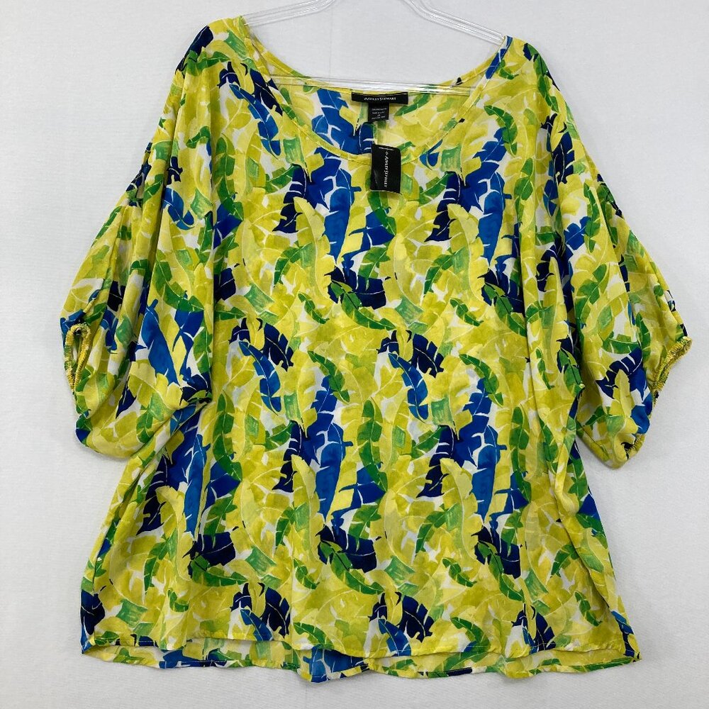 New Ashley Stewart size 26 Blue Yellow Abstract Leaf Print Shoulder Cut-out Top